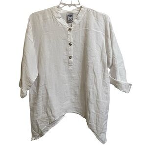 Match Point White Linen Popover Shark Bite Tunic Top Lagenlook Casual Size Large